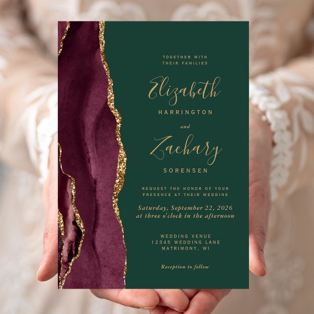 Modern Burgundy Gold Agate Emerald Green Wedding Invitation (Creator Uploaded)