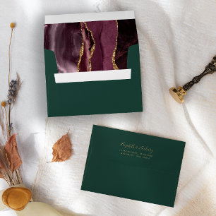 Modern Burgundy Gold Agate Green Wedding Envelope