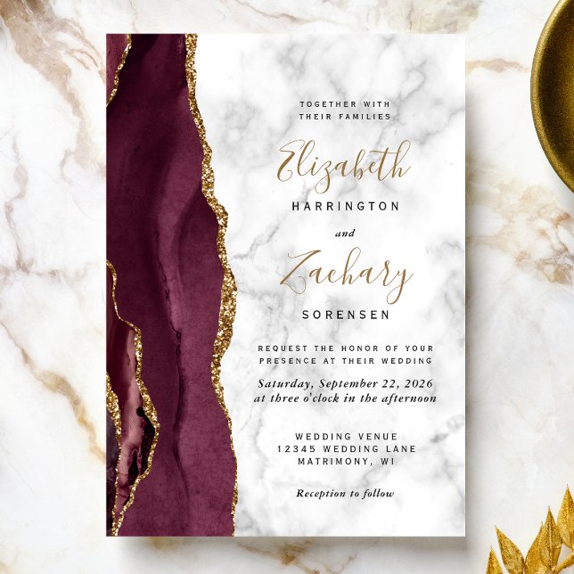 Modern Burgundy Gold Agate Marble Wedding Invitation (A perfect choice for a burgundy and gold themed wedding.)
