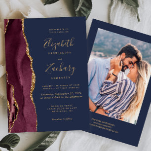 Modern Burgundy Gold Agate Navy Blue Photo Wedding Invitation