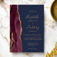 Modern Burgundy Gold Agate Navy Blue Wedding