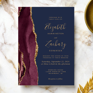 Modern Burgundy Gold Agate Navy Blue Wedding Invitation