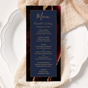 Modern Burgundy Gold Agate Navy Blue Wedding Menu