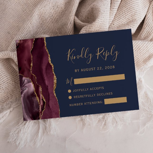 Modern Burgundy Gold Agate Navy Blue Wedding RSVP (Creator Uploaded)