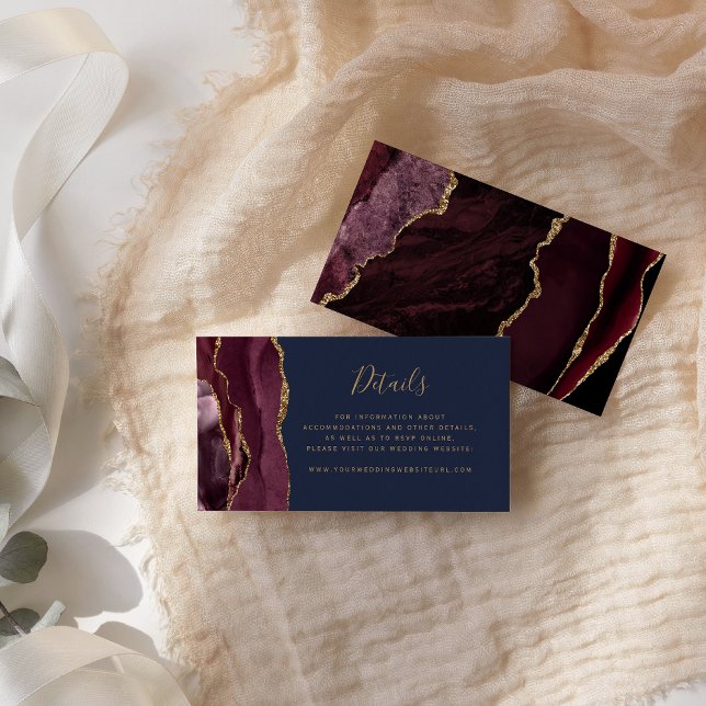 Modern Burgundy Gold Agate Navy Wedding Website Enclosure Card (Creator Uploaded)