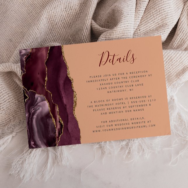 Modern Burgundy Gold Agate Peach Wedding Details Enclosure Card (Creator Uploaded)