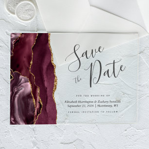 Modern Burgundy Gold Agate Save the Date Card Acrylic Invitations
