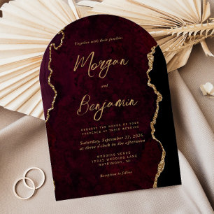 Modern Burgundy Gold Agate Script Arch Wedding Invitation
