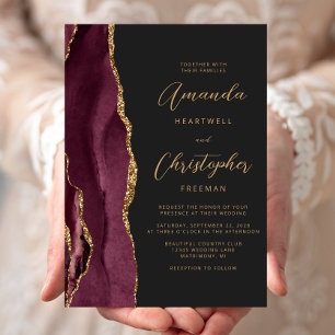Modern Burgundy Gold Agate Script Slate Wedding Invitation