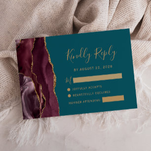 Modern Burgundy Gold Agate Teal Wedding RSVP Card