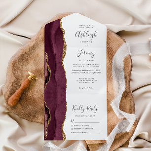 Modern Burgundy Gold Agate Wedding All In One Invitation