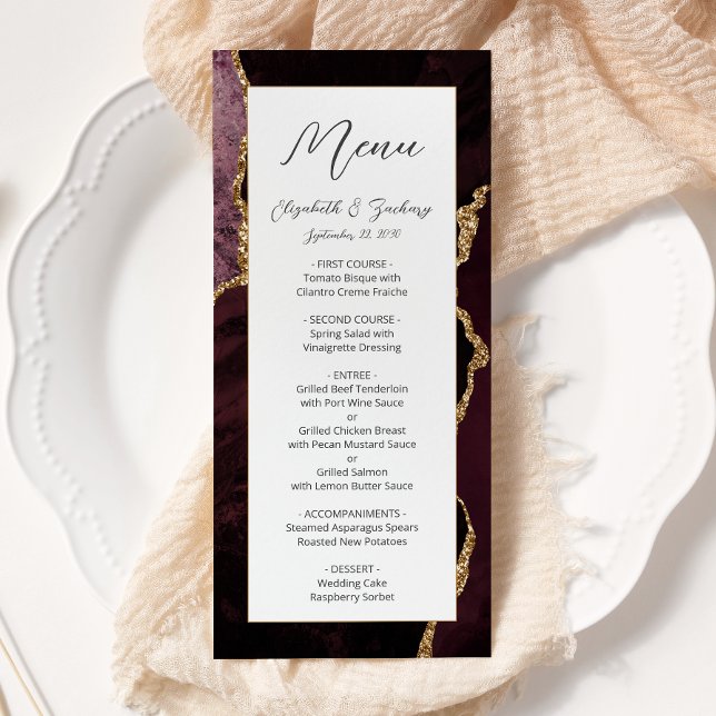Modern Burgundy Gold Agate Wedding Menu (Creator Uploaded)
