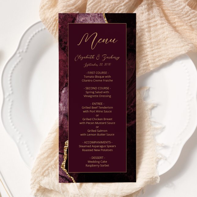 Modern Burgundy Gold Agate Wedding Menu (Creator Uploaded)