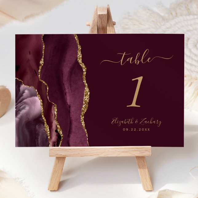 Modern Burgundy Gold Agate Wedding Table Number (Creator Uploaded)