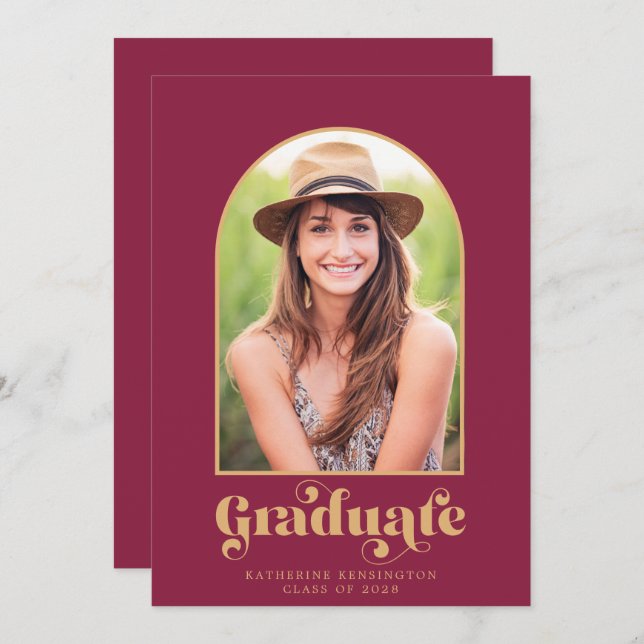 Modern Burgundy Gold Arch Photo Graduation Party Invitation (Front/Back)