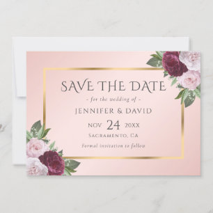Modern Burgundy Gold Blush Pink Floral Save The Date
