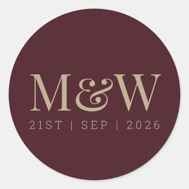 Modern Burgundy Gold Bride Groom Monogram Classic Round Sticker (Front)