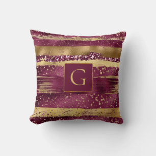 Modern burgundy, gold brush strokes and monogram cushion