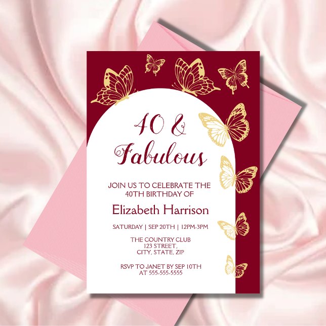 Modern Burgundy Gold Butterfly Fabulous  Birthday Invitation (Creator Uploaded)