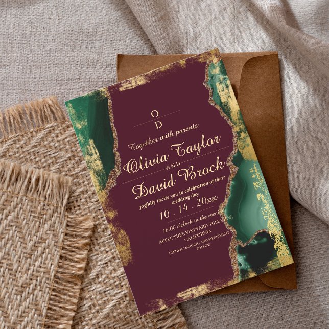 Modern Burgundy Gold Emerald Green Wedding Invitation (Creator Uploaded)