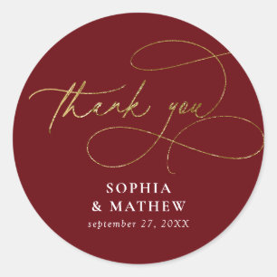 Modern Burgundy Gold Flourish Thank You Favour Classic Round Sticker