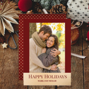 Modern Burgundy Gold Happy Holidays Photo  Holiday Card