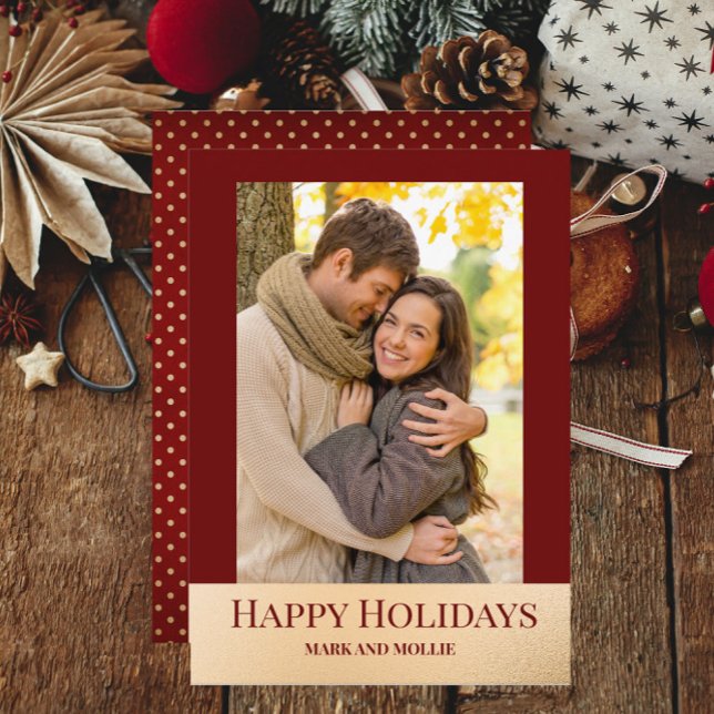 Modern Burgundy Gold Happy Holidays Photo  Holiday Card (Burgundy and gold "Happy Holidays" photo greeting card)