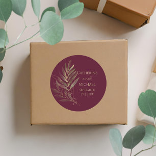 Modern Burgundy Gold Leaf Wedding Monogram Classic Round Sticker