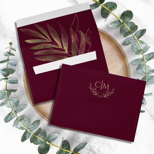 Modern Burgundy Gold Leaf Wedding Monogram Envelope (Creator Uploaded)