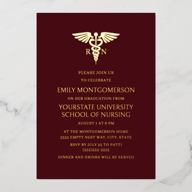 Modern Burgundy Gold Nursing School RN Graduation (Front)
