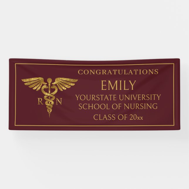 Modern Burgundy Gold Nursing School RN Graduation Banner (Horizontal)