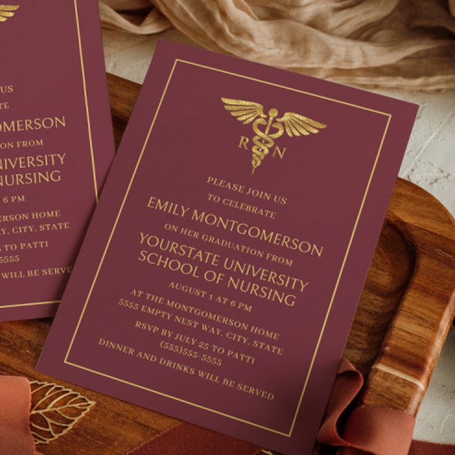 Modern Burgundy Gold Nursing School RN Graduation Invitation (Modern burgundy and gold nursing school graduation party invitation)