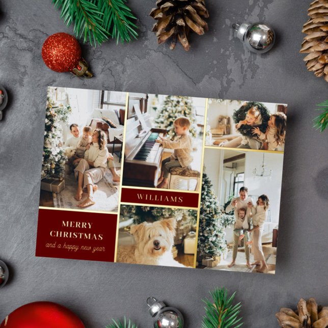 Modern Burgundy Gold Photo Collage Merry Christmas Foil Holiday Card (Creator Uploaded)