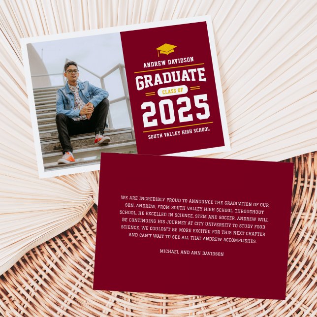 Modern Burgundy Gold Photo Graduation Announcement (Creator Uploaded)