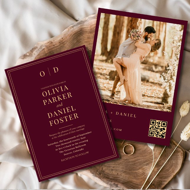 Modern Burgundy Gold Photo QR Code Wedding Invitation (Creator Uploaded)