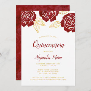 Modern Burgundy Gold Roses Quinceanera Invitations