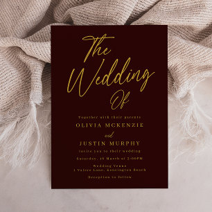 Modern Burgundy & Gold Script Wedding Invitation