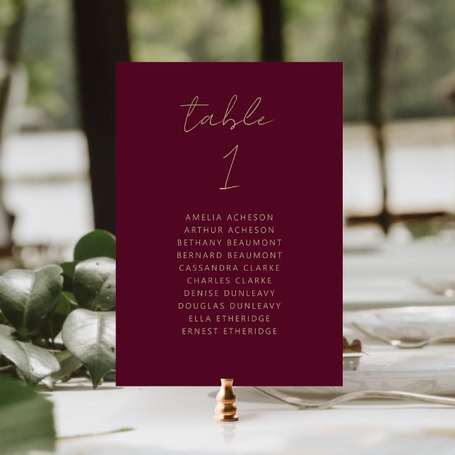 Modern Burgundy Gold Script Wedding Table Number (Creator Uploaded)