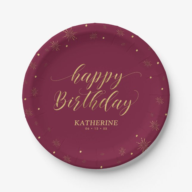 Modern burgundy & Gold Sparkle Happy Birthday Paper Plate (Front)