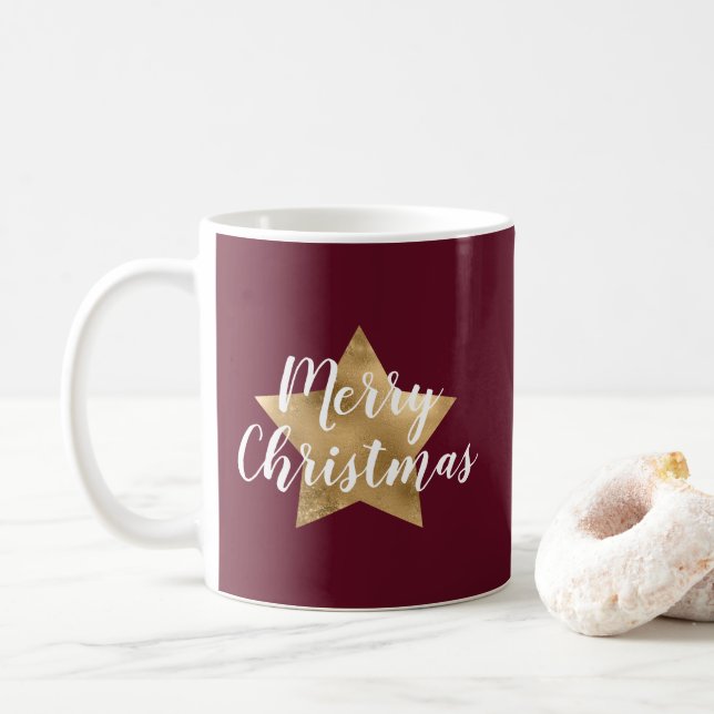 Modern Burgundy Gold Star Christmas  Coffee Mug (With Donut)