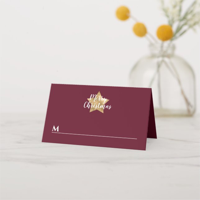 Modern Burgundy Gold Star Christmas Place Card (Front)