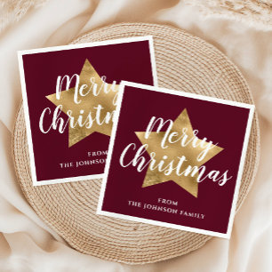 Modern Burgundy Gold Star Merry Christmas Napkin