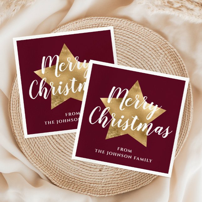 Modern Burgundy Gold Star Merry Christmas Napkin (Modern Burgundy Gold Star Merry Christmas Napkins)