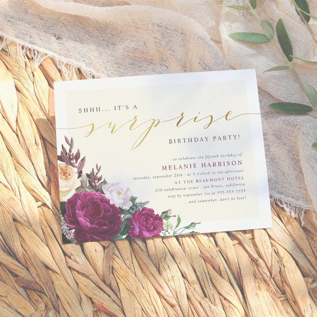 Modern Burgundy & Gold Surprise Birthday Party Invitation Postcard (Creator Uploaded)
