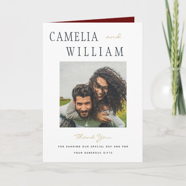 Modern Burgundy Gold Wedding PHOTO Thank You Card (Front)