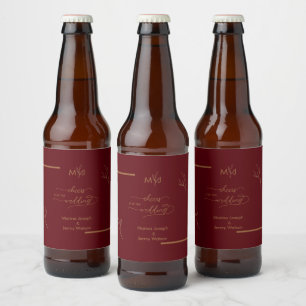 Modern Burgundy Golden Leaflet Border Monogram Beer Bottle Label