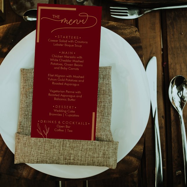 Modern Burgundy Golden Leaflet Monogram Flat Menu (Creator Uploaded)