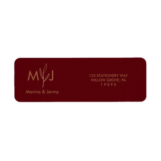 Modern Burgundy Golden Leaflet Monogram  Return Address Label (Front)