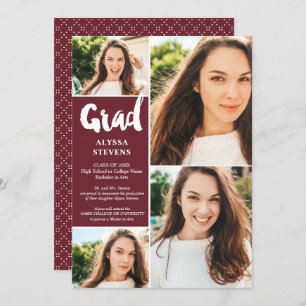 Modern burgundy Grad script 4 photos graduation Invitation