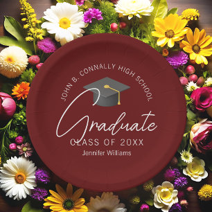 Modern Burgundy Graduate Custom Graduation Party Paper Plate